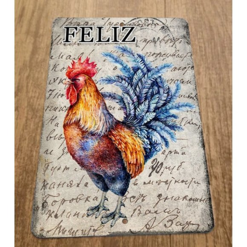 Feliz Vintage Ad Rooster Chicken 8x12 Metal Wall Animal Sign